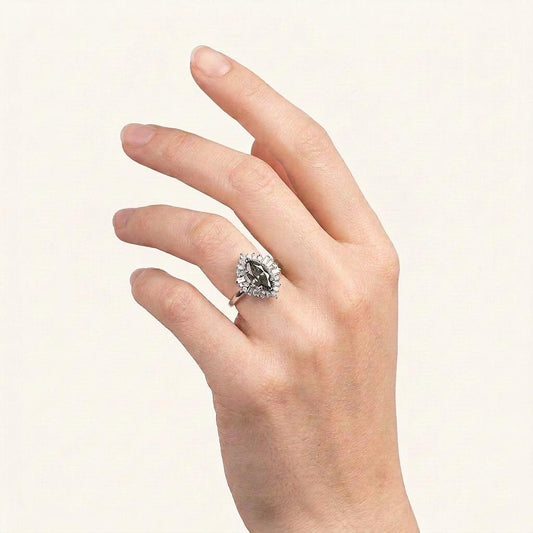 1.45 CT Marquise & Round Cut Salt and Pepper Diamond Cluster Ring