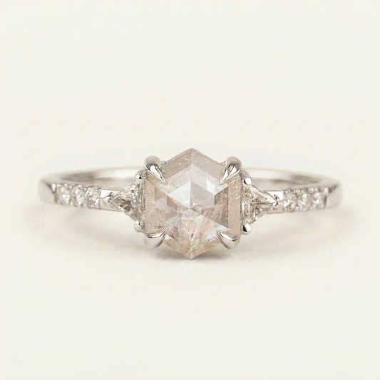 1.50 CT Hexagon & Triangle Cut Salt and Pepper Diamond Three Stone Ring (V-Artdeco)