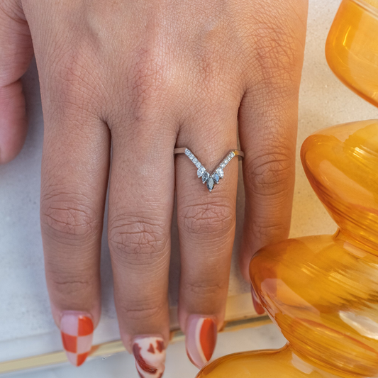 Natural Salt and Paper 0.35CT Marquise Diamond Mid-Century Wedding Band