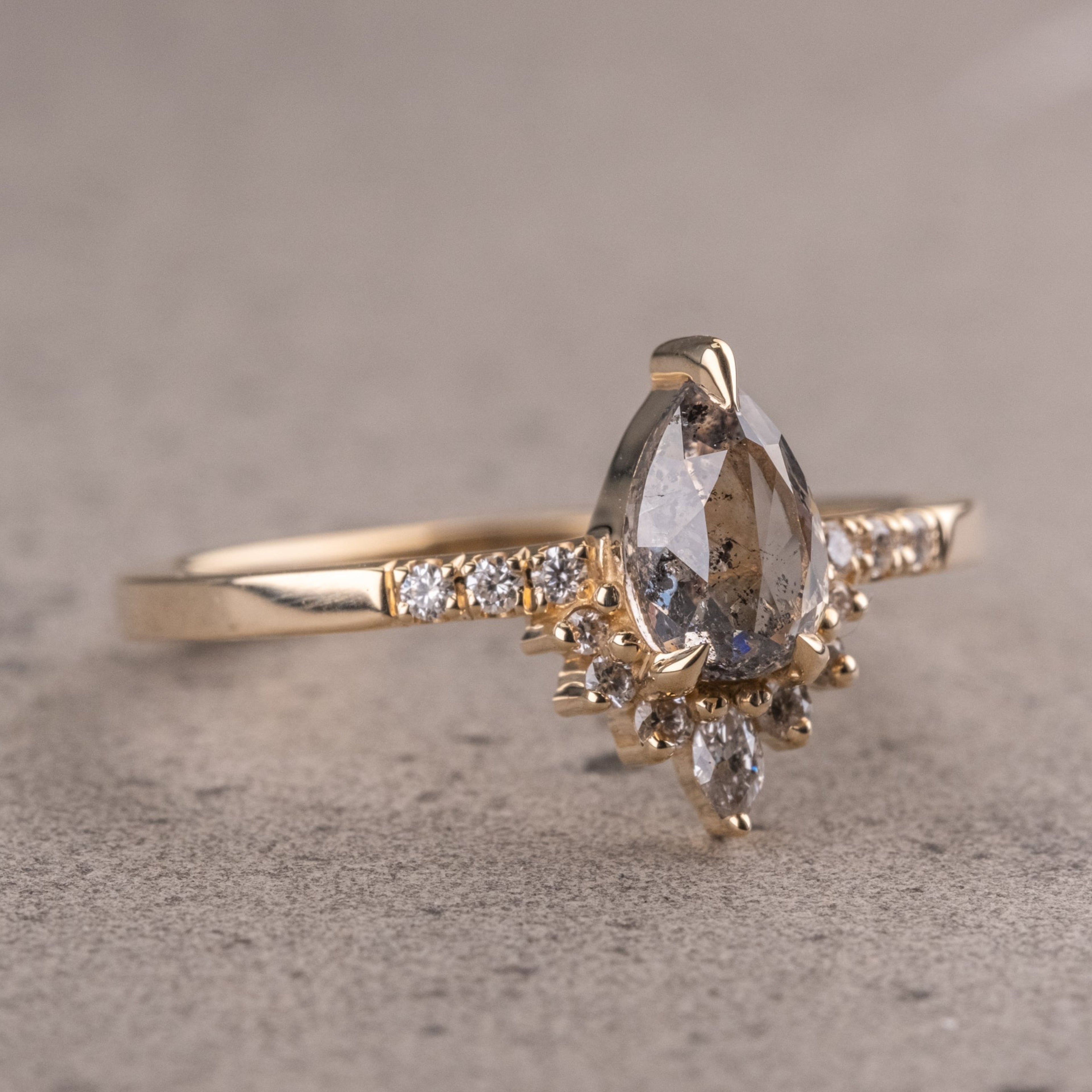 Natural Salt & Pepper 1.55CT Pear Diamond Art Deco Engagement Ring