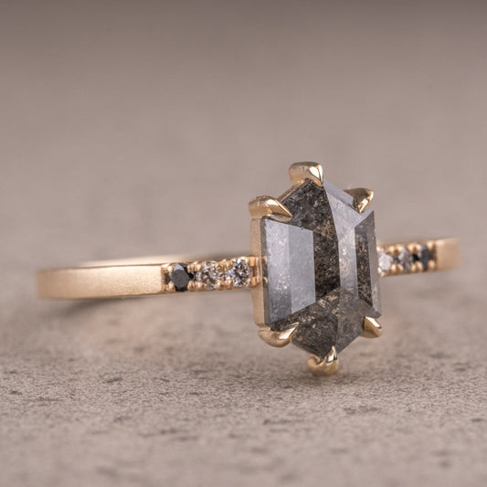 Natural Salt And Pepper 1.45CT Hexagon Diamond Art Deco Unique Engagement Ring | Handmade Ring | Anniversary Ring - IBIZ Jewel
