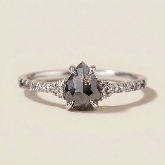 1.70 CT Pear Cut Salt and Pepper Diamond Solitaire Ring (V2)