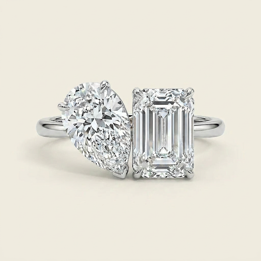 Moissanite 2.85 CT Pear & Emerald Cut Diamond Toi Et Moi Ring