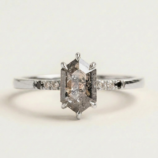 1.45 CT Hexagon Cut Salt and Pepper Diamond Solitaire Ring