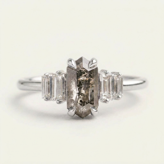 1.80 CT Hexagon & Baguette Cut Salt and Pepper Diamond Cluster Five-Stone Ring