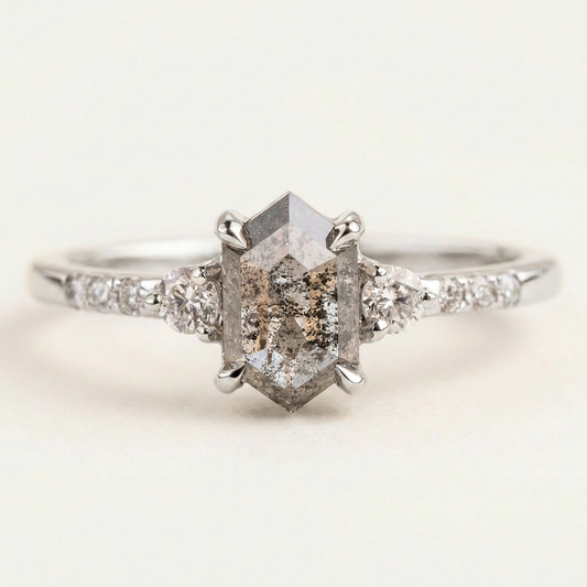 1.75 CT Hexagon & Round Cut Salt and Pepper Diamond Three Stone Ring