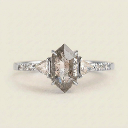 1.65 CT Hexagon & Round Cut Salt and Pepper Diamond Three Stone Ring (V-Artdeco)