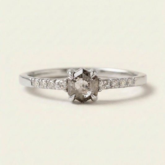 1.30 CT Hexagon Cut Salt and Pepper Diamond Solitaire Ring (V1)