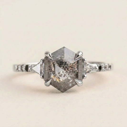 1.65 CT Hexagon & Triangle Cut Salt and Pepper Diamond Three Stone Ring