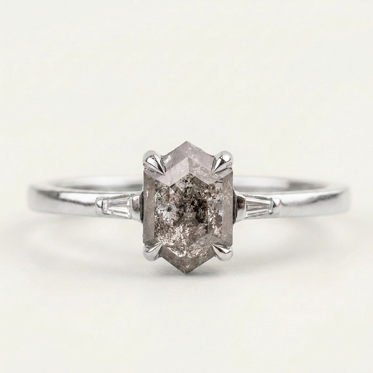1.35 CT Hexagon & Baguette Cut Salt and Pepper Diamond Three Stone Ring