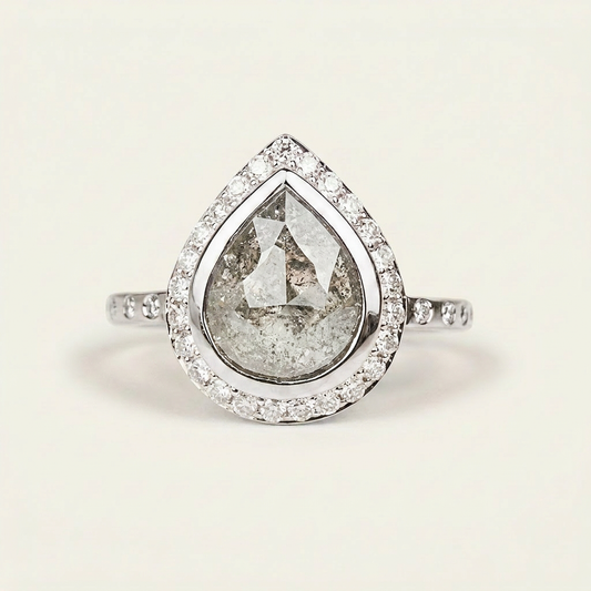 2.35 CT Pear & Round Cut Salt and Pepper Diamond Halo Ring