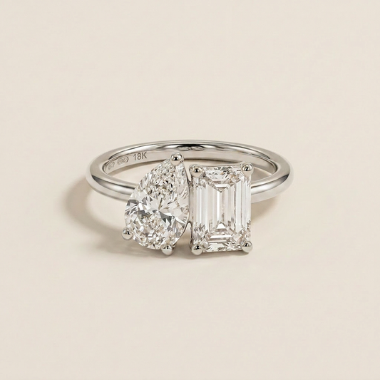 Lab Grown 2.50 CT Emerald & Pear Cut Diamond Toi Et Moi Ring
