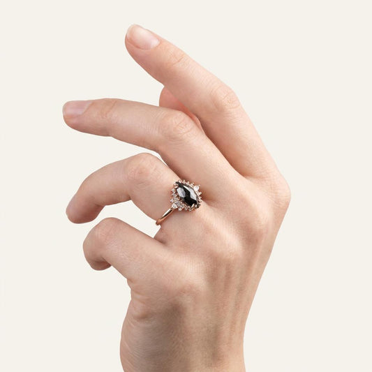 1.60 CT Marquise & Round Cut Salt and Pepper Diamond Cluster Ring