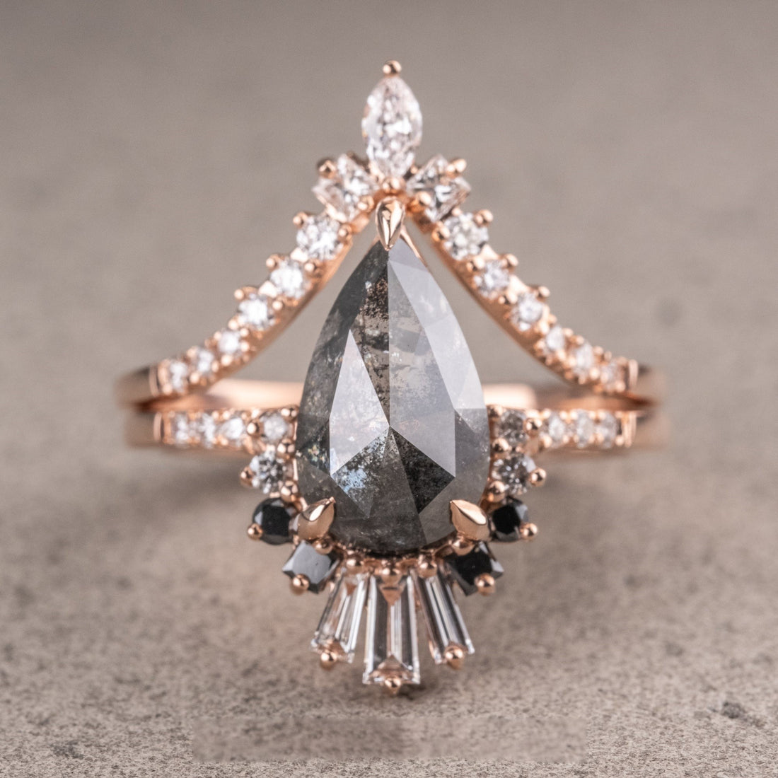 Natural Salt And Pepper 1.52CT Pear Diamond Art Nouveau Wedding Ring