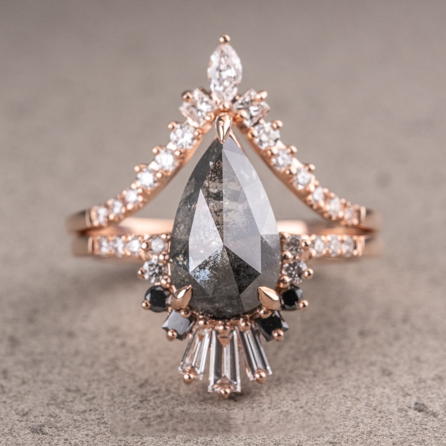 Natural Salt And Pepper 1.52CT Pear Diamond Art Nouveau Wedding Ring