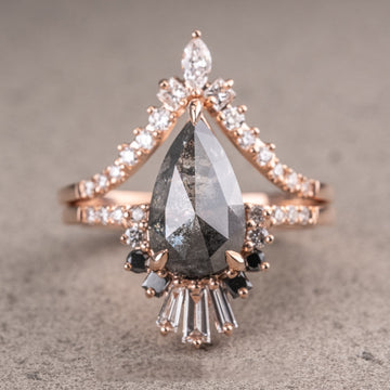 Natural Salt And Pepper 1.52CT Pear Diamond Art Nouveau Wedding Ring