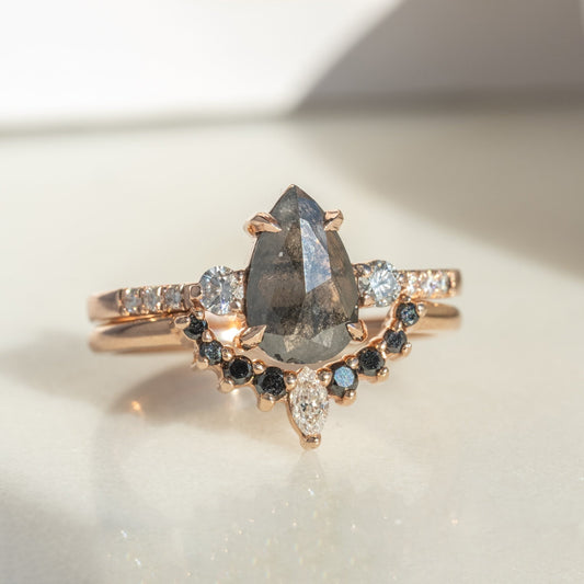 Natural Salt And Pepper 1.45CT Pear Diamond Art Deco Unique Engagement Ring | Handmade Ring | Anniversary Ring