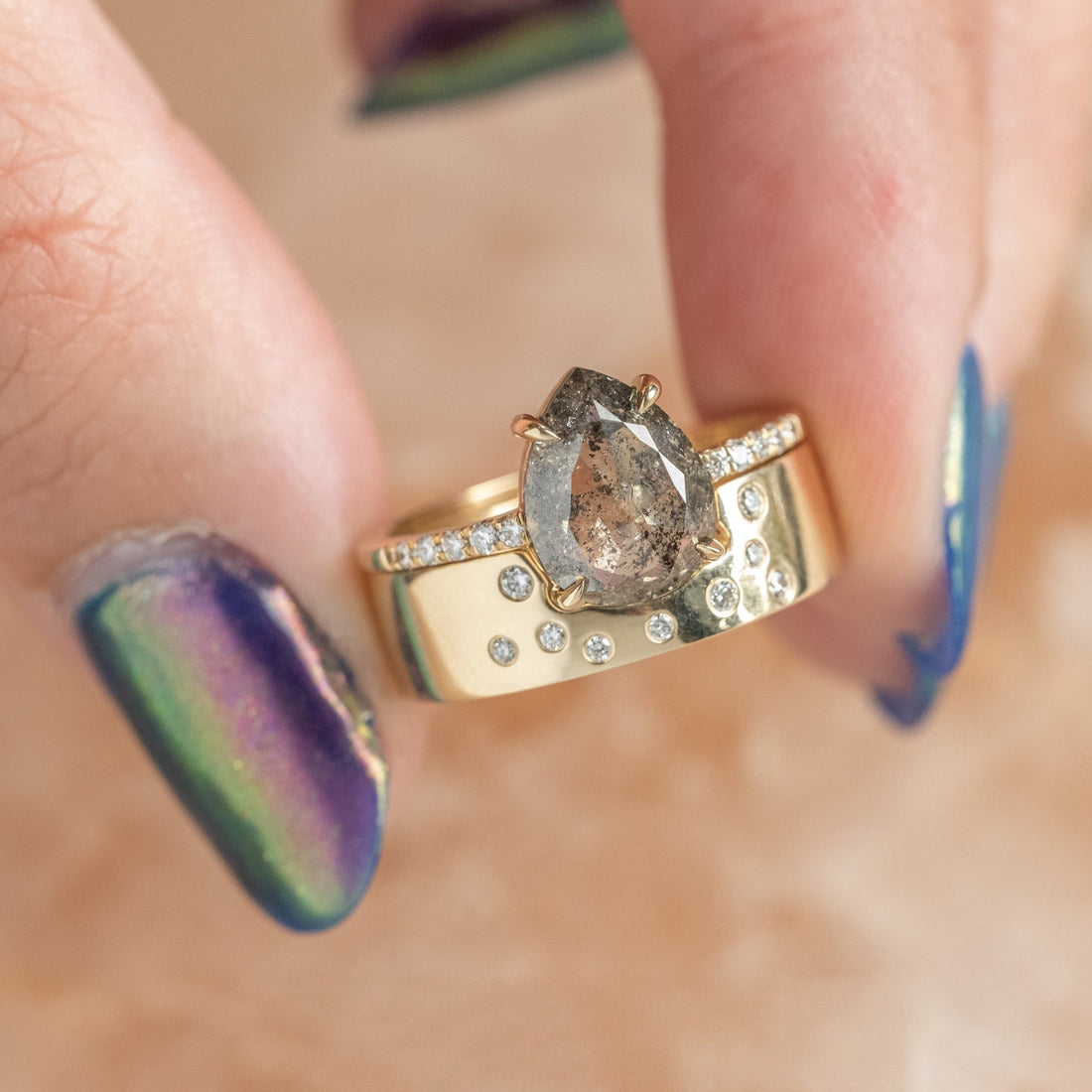 Natural Salt And Pepper 1.32CT Marquise Diamond Victorian Wedding Ring