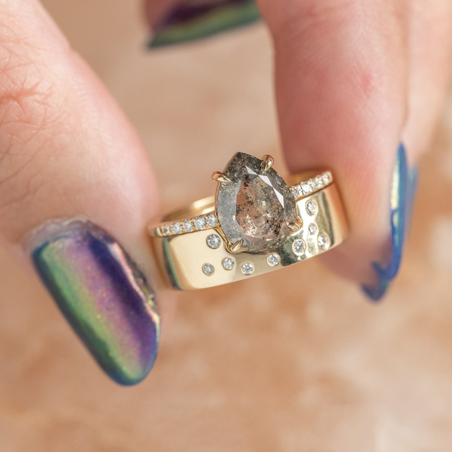 Natural Salt And Pepper 1.32CT Marquise Diamond Victorian Wedding Ring