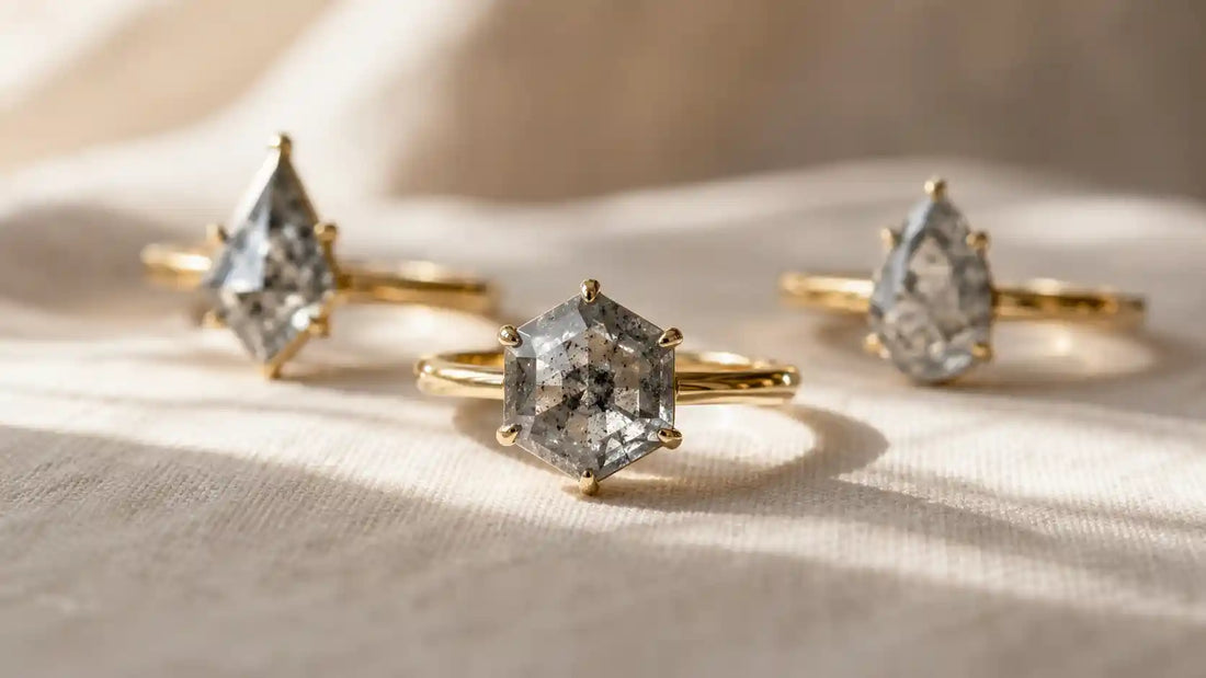 salt and pepper diamond engagement rings in yellow gold, hexagon and kite cuts, handcrafted by IBIZ Jewel