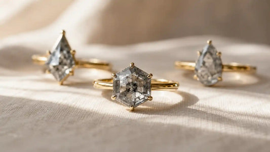 salt and pepper diamond engagement rings in yellow gold, hexagon and kite cuts, handcrafted by IBIZ Jewel