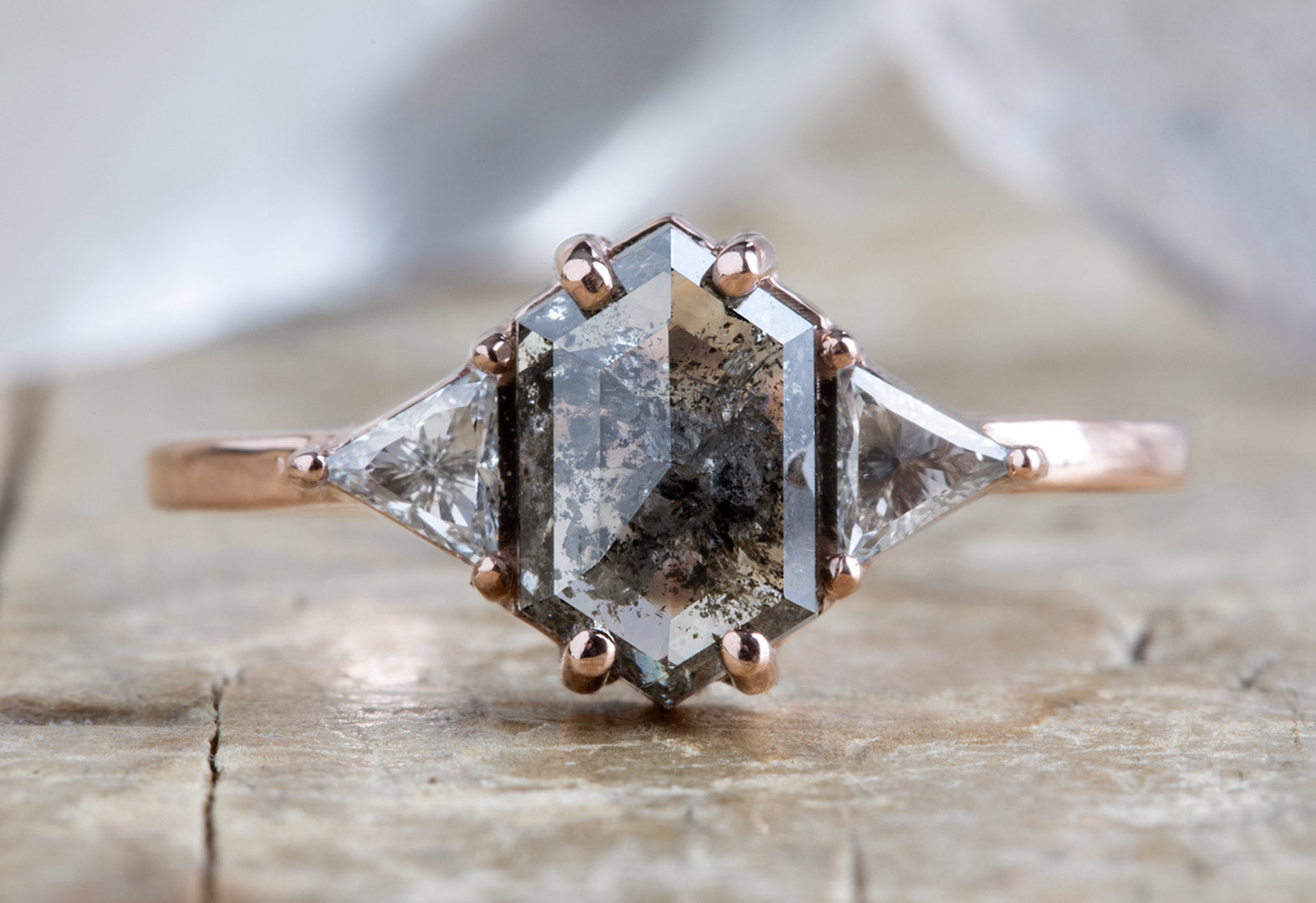Natural Salt And Pepper 1.90CT Hexagon Diamond Art Deco Unique Engagement Ring | Handmade Ring | Anniversary Ring