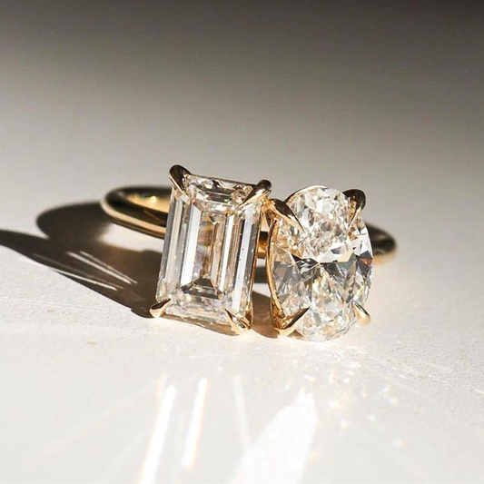 Moissanite 3 CT Toi Et Moi Emerald Cut and Oval Cut Diamond Engagement Ring