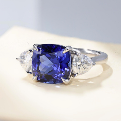 Moissanite 4.13 CT Blue Color Three Stone Diamond Engagement Ring