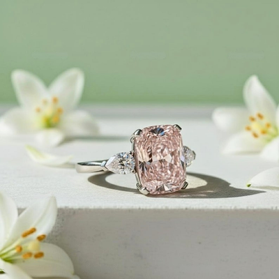 Fancy Pink Color Lab Grown Diamond 5.00 CT Three Stone Cushion Cut Engagement Ring