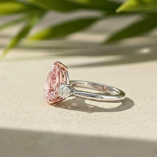 Fancy Pink Color Lab Grown Diamond 5.00 CT Three Stone Pear Cut Engagement Ring