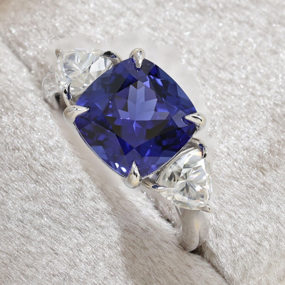 Moissanite 4.13 CT Blue Color Three Stone Diamond Engagement Ring