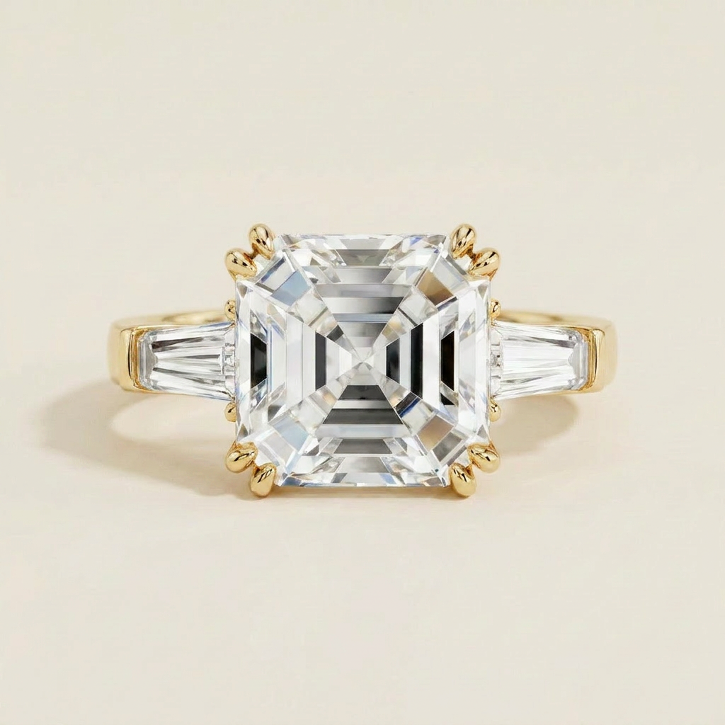 Moissanite 3.87 CT Asscher & Baguette Cut Diamond Three Stone Ring