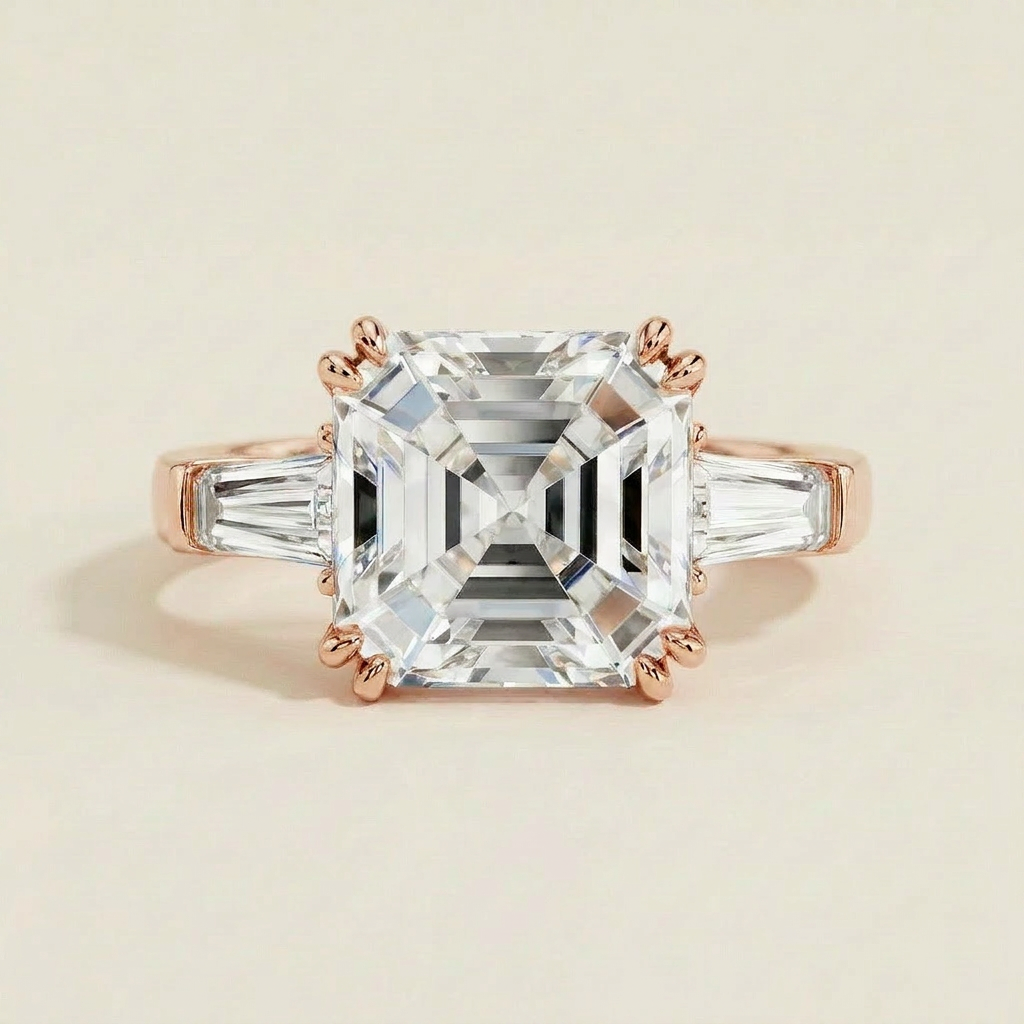 Moissanite 3.87 CT Asscher & Baguette Cut Diamond Three Stone Ring