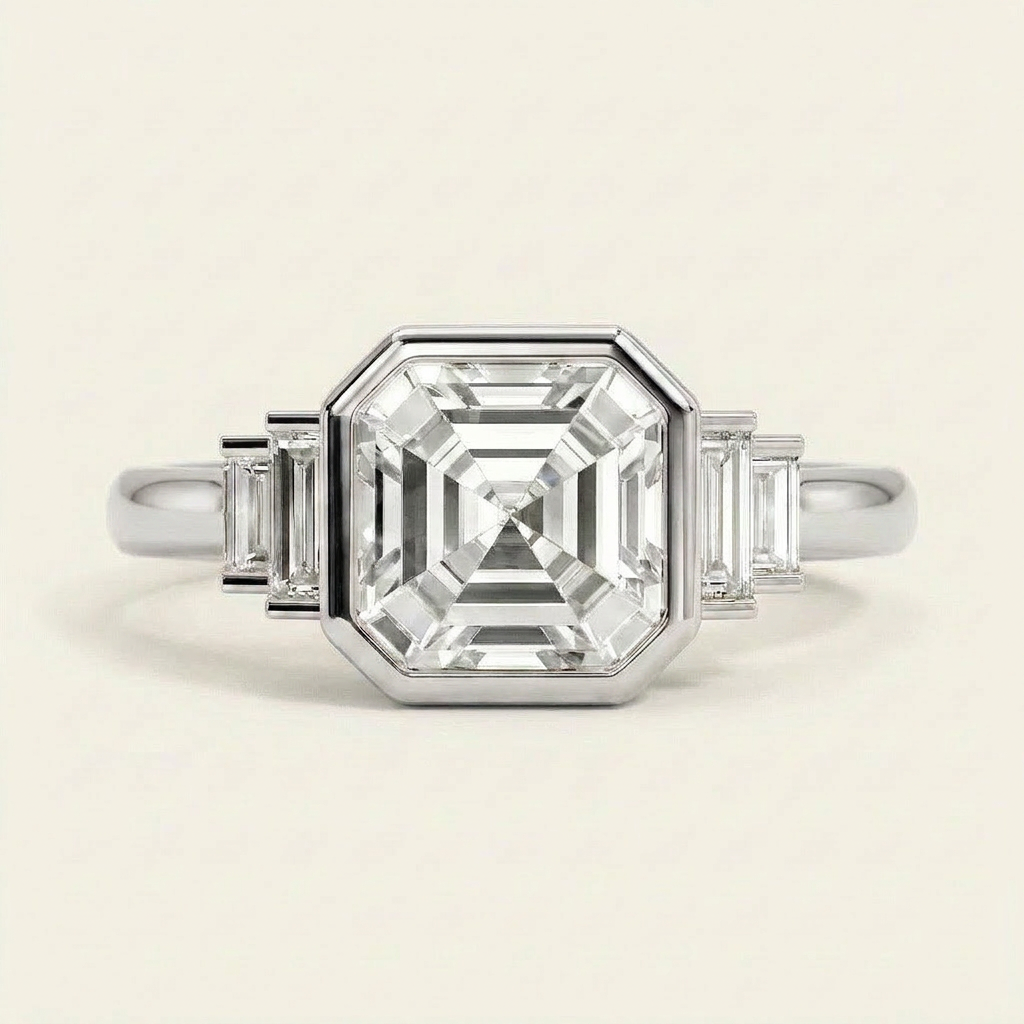 Moissanite 3.55 CT Asscher & Baguette Cut Diamond Cluster Five-Stone Ring