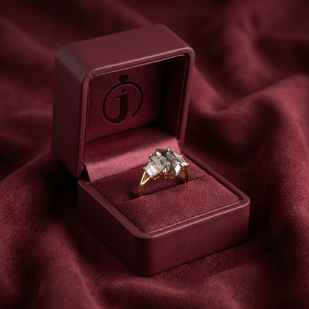 1.70 CT Hexagon & Baguette Cut Salt and Pepper Diamond Three Stone Ring