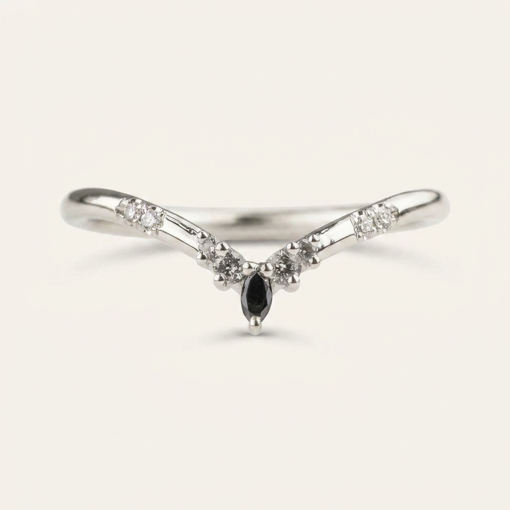 0.10 CT Marquise & Round Cut Salt and Pepper Diamond Ring
