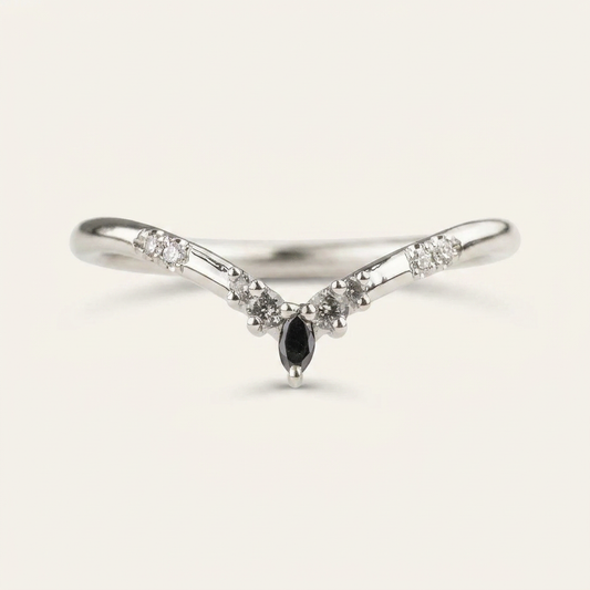 0.10 CT Marquise & Round Cut Salt and Pepper Diamond Ring