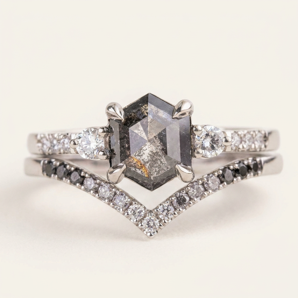1.95 CT Hexagon & Round Cut Salt and Pepper Diamond Three Stone Ring