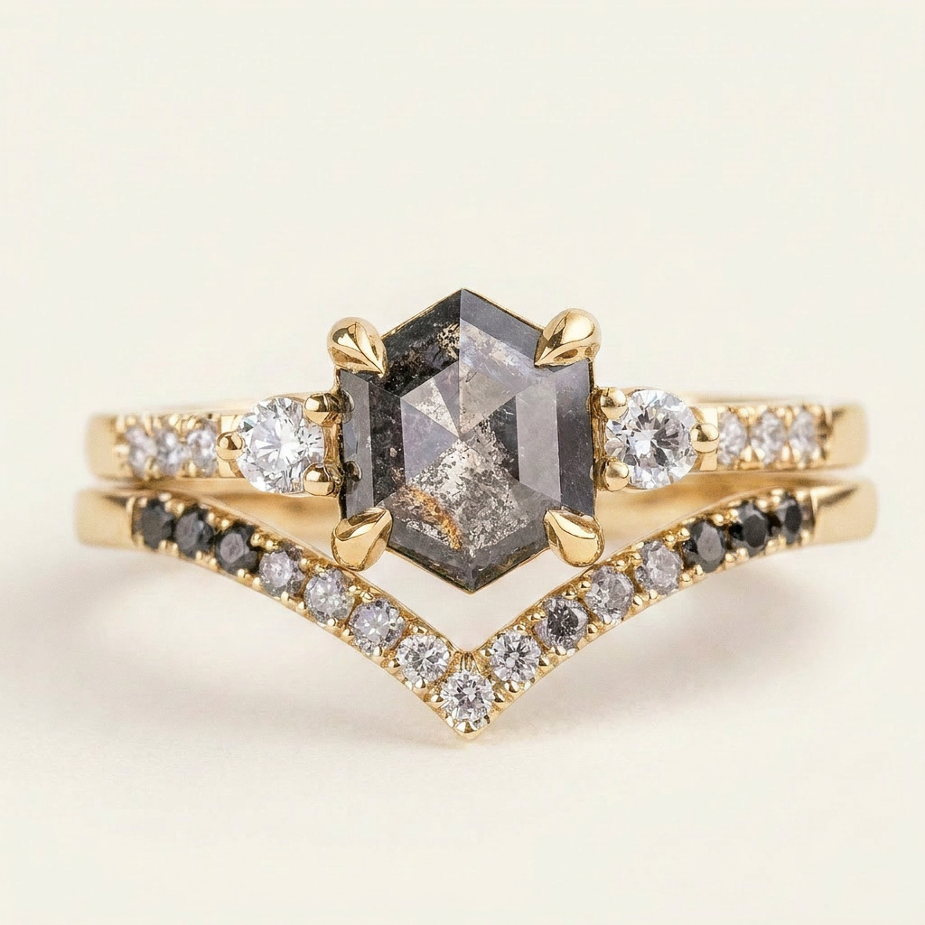 1.95 CT Hexagon & Round Cut Salt and Pepper Diamond Three Stone Ring