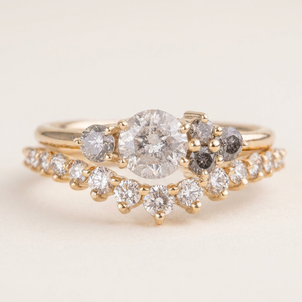 1.55 CT Round Cut Salt and Pepper Diamond Cluster Ring