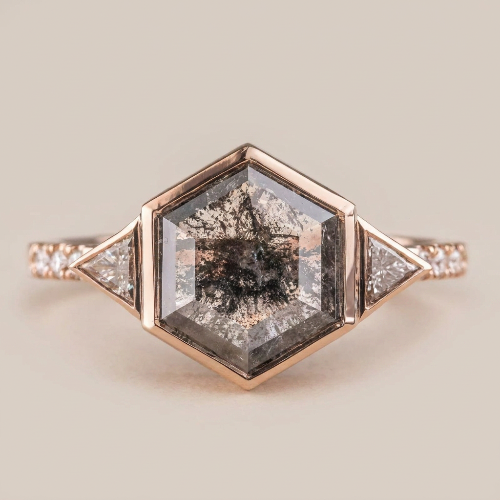 1.70 CT Hexagon & Triangle Cut Salt and Pepper Diamond Three Stone Ring