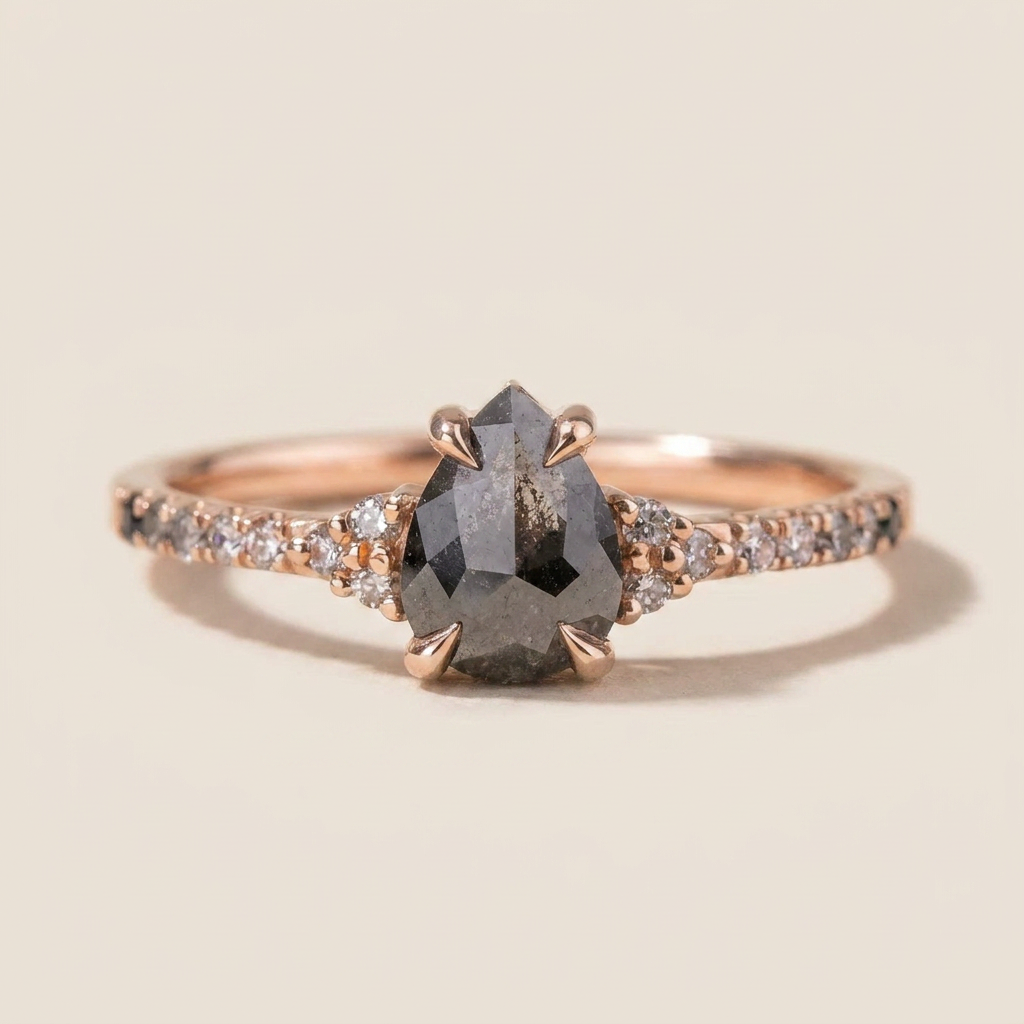1.70 CT Pear Cut Salt and Pepper Diamond Solitaire Ring (V2)