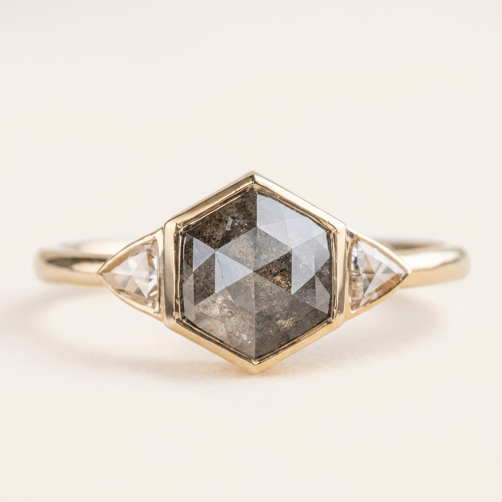 1.60 CT Hexagon & Trillion Cut Salt and Pepper Diamond Three Stone Ring