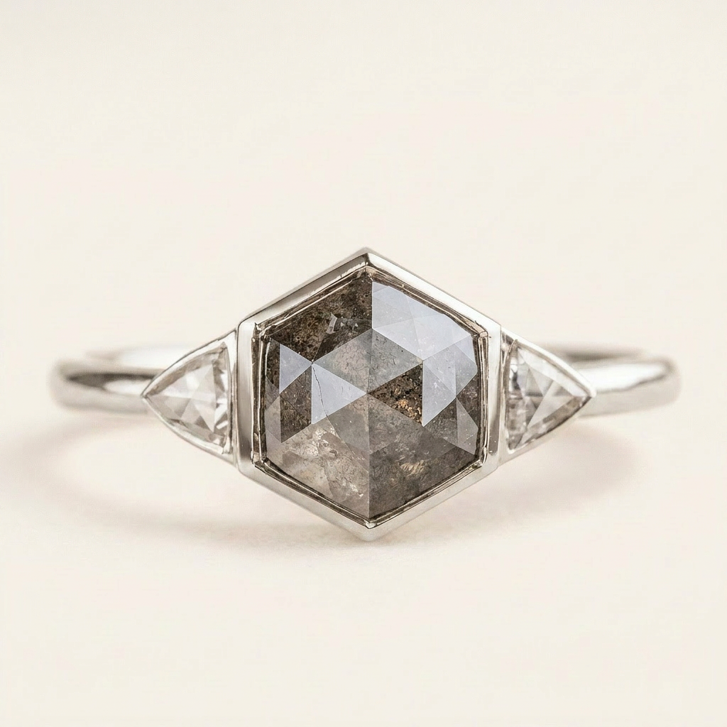 1.60 CT Hexagon & Trillion Cut Salt and Pepper Diamond Three Stone Ring
