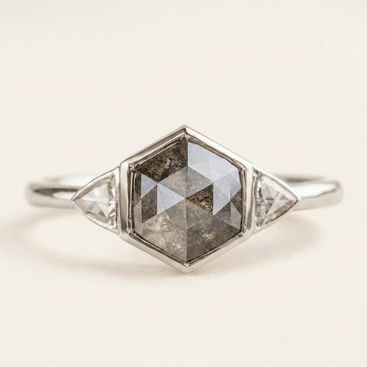 1.60 CT Hexagon & Trillion Cut Salt and Pepper Diamond Three Stone Ring