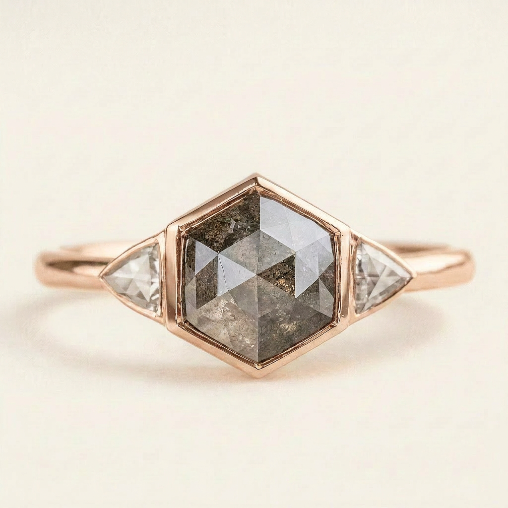 1.60 CT Hexagon & Trillion Cut Salt and Pepper Diamond Three Stone Ring