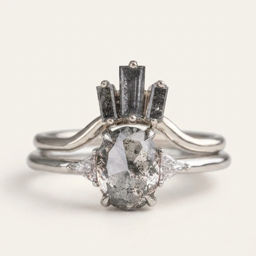 1.50 CT Oval & Triangle Cut Salt and Pepper Diamond Three Stone Ring