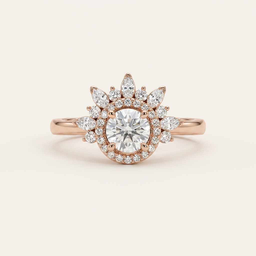 Moissanite 2.30 CT Round & Marquise Cut Diamond Cluster , Halo Ring