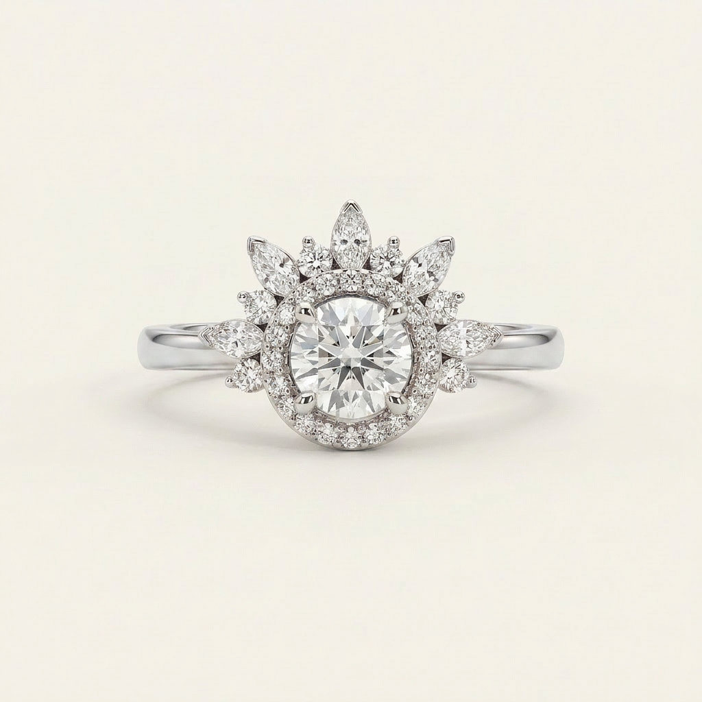 Moissanite 2.30 CT Round & Marquise Cut Diamond Cluster , Halo Ring