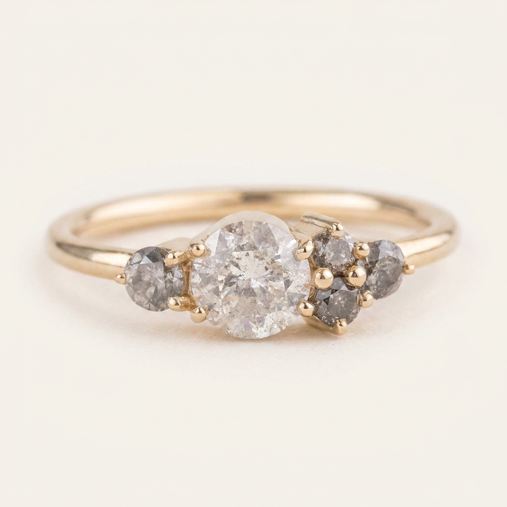1.55 CT Round Cut Salt and Pepper Diamond Cluster Ring